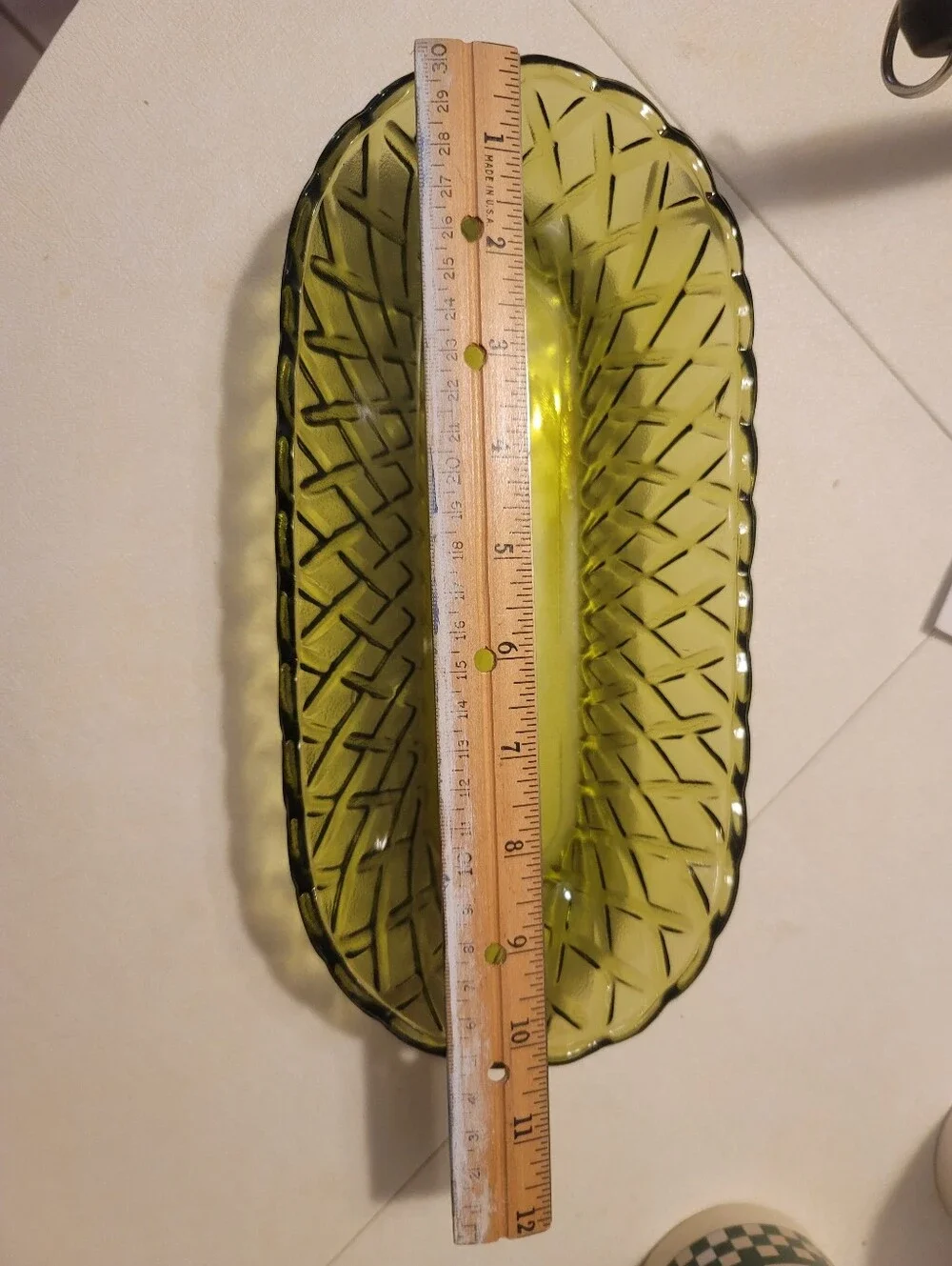Vintage Indiana Glass Avocado Green Celery Relish Dish Basketweave MCM
